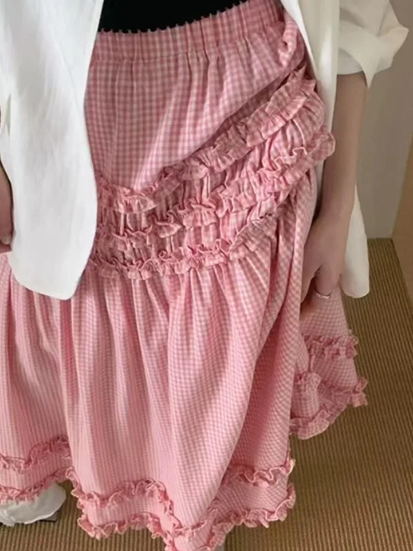  saia xadrez de cintura alta com babados doces para mulheres, saia estilo xadrez solta e alargada com padrão de xadrez pa...