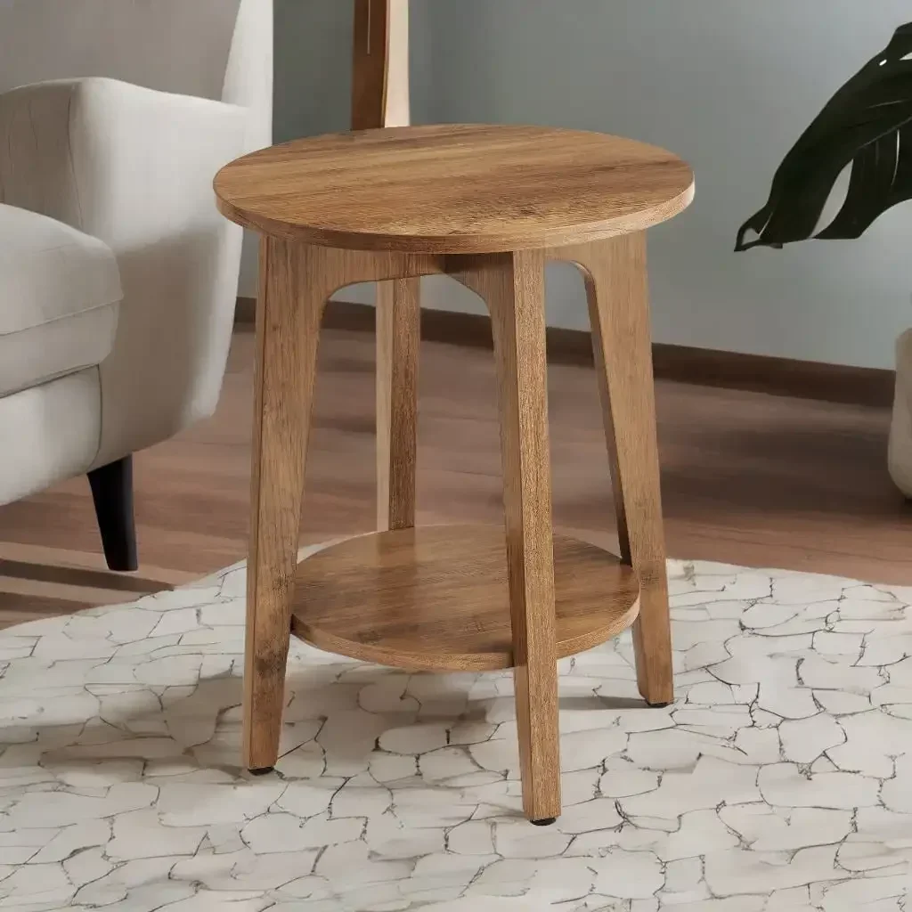 Round Side Table with Lower Shelf End Table for Small Spaces Nightstand Rustic Walnut