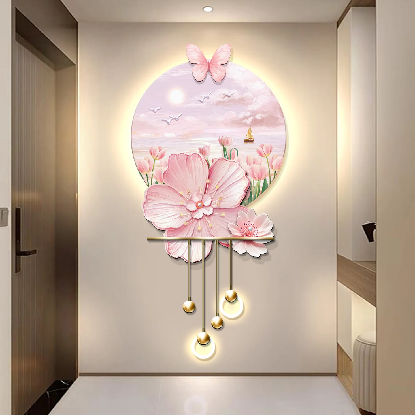 

2025 New Model Entryway Entrance Hall Flower LED Wall Light Painting of Butterflies Emitting Light Corridor Three-Dimensional LE
