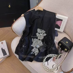 2024 chinese national solid color printing qipao top new patchwork loose short sleeve button blouse elegant tea art tangsuit top
