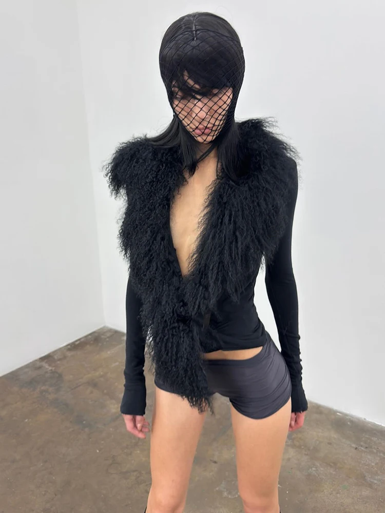 Estranho gato sexy peludo retalhos topo feminino profundo decote em v manga cheia selvagem hottie estiramento magro rua gótico punk meia-noite clubwear