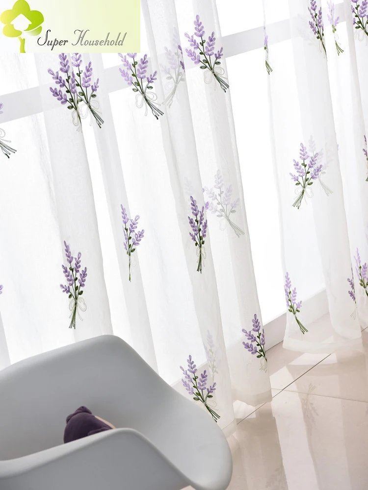Purple Embroidered Lavender Sheer Curtains for Living Room Tulle Linen Curtains Window Screen for Children Girls Bedroom