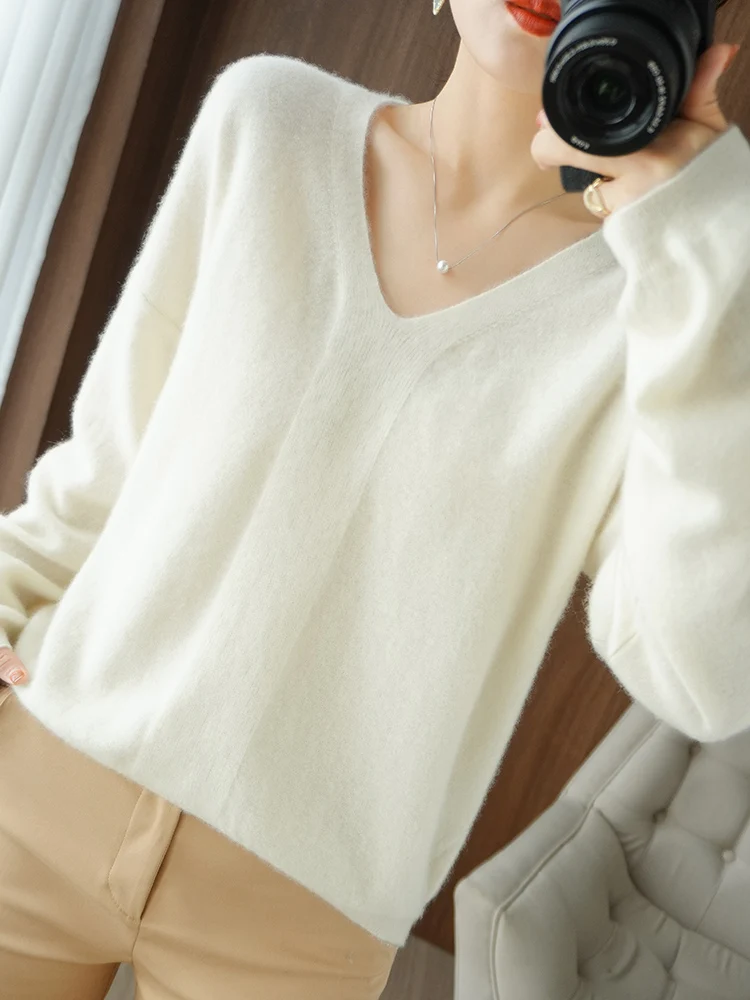 New Fashion Women\'s Clothing V-Neck Pullovers Long Sleeve knit Wear 100% Wool Warm Jumper Loose Fit Large Size Korean Style Soft