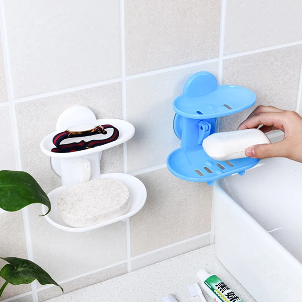 1 Pc 14cm X 10cm X 13cm Trendy Hot Selling Bathroom Double Layers Strong Sucker Soapbox Soap Draining Holder Soap Dish