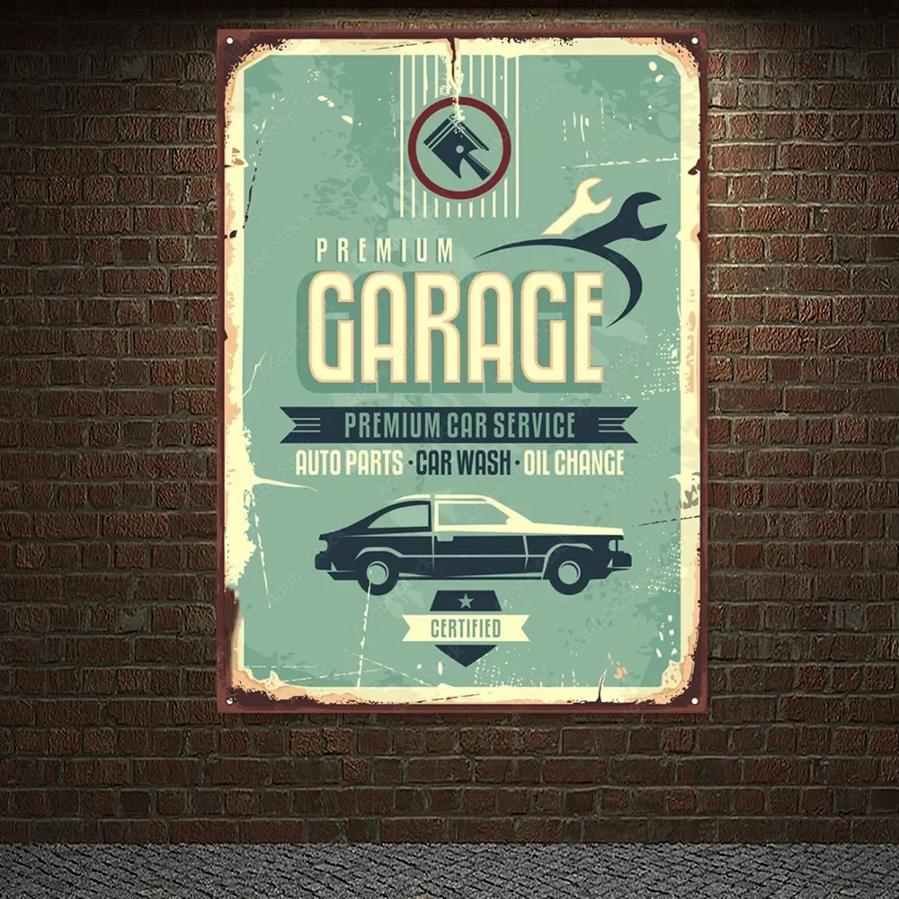 Premium Garage Vintage Car SERVICE Poster Art Painting Wall Decor Banner Tapestry Flag For Auto Repair Shop Gas Station Man Cave