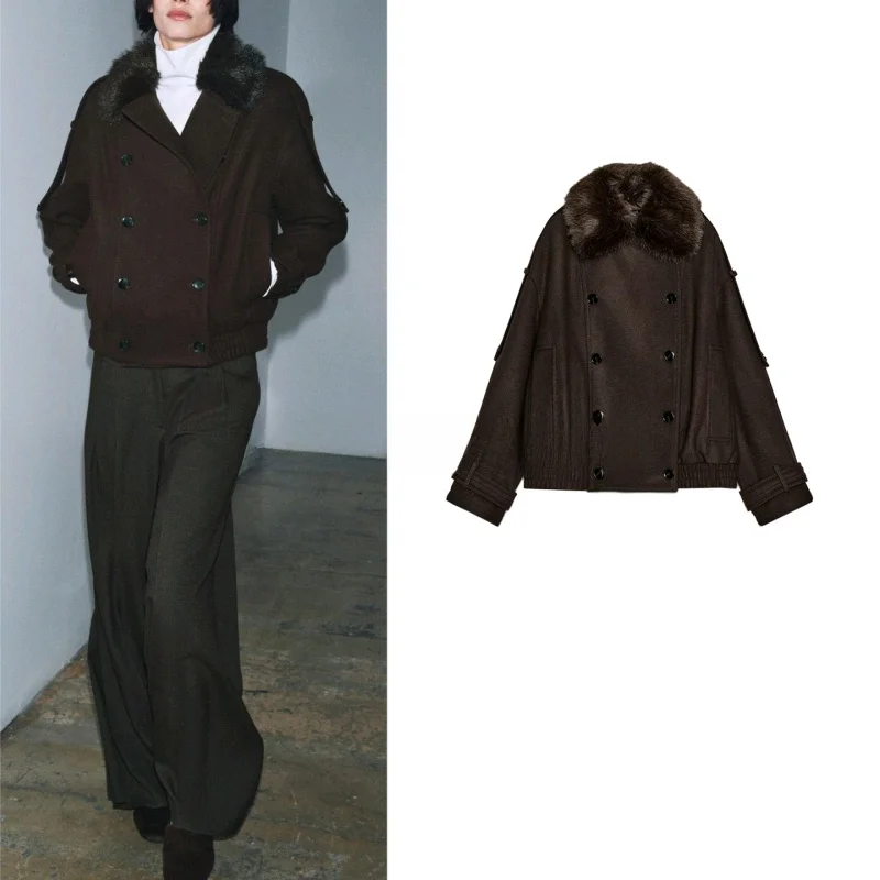 

Winter New Women's Double-Breasted Detachable Faux Fur Collar Jaet Coat Polyester Fiber Long Sve Midi Length Ladies Oute...