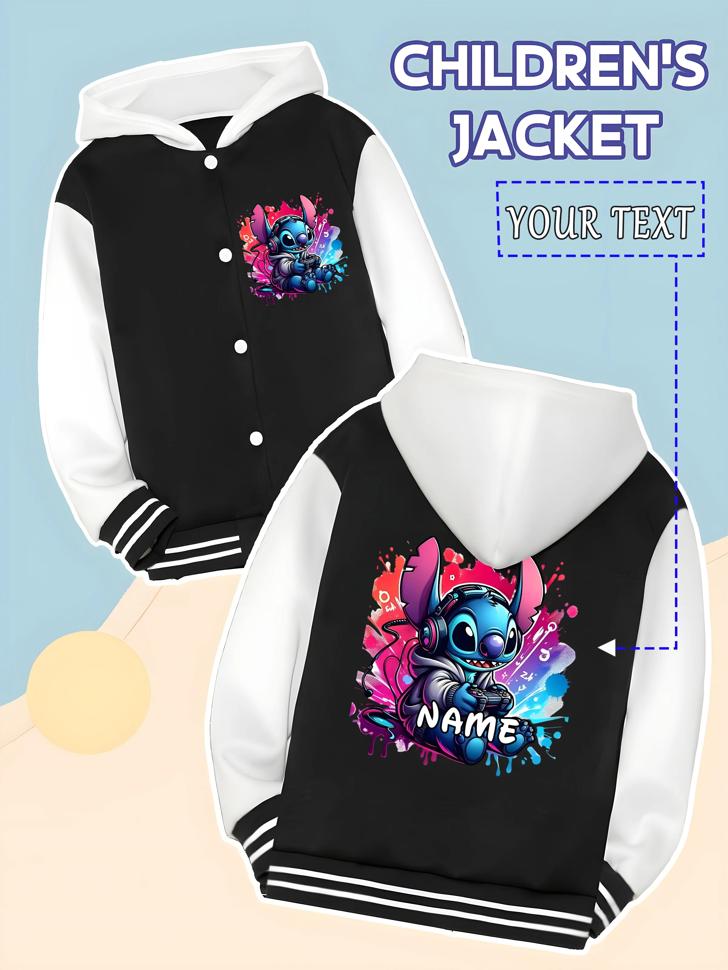 

MINISO Disney Esports Stitch Boys Baseball Jacket - Stitch transforms into an esports player, and "NAME" customizes this stylish
