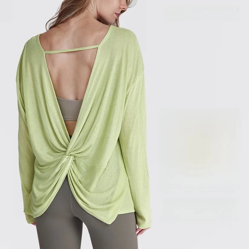 بدلة لياقة بدنية نسائية مجوفة من الخلف، بلوزة رياضية مثيرة بأكمام طويلة وخفيفة الوزن وقابلة للتنفس لليوجا #1