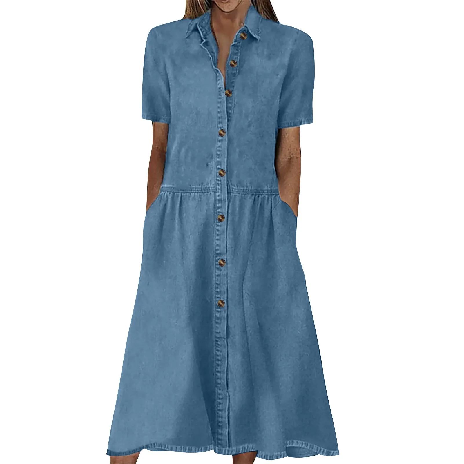 Summer Women\'S Elegant Denim Dress Spring Standing Neck Single Breasted Robe Retro Street Style Women\'S Casual Loose Dress
