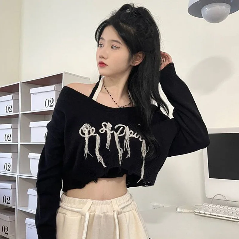 Femme Trend Sexy Casual Tassel V-neck Long Sleeve Pullovers Autumn Winter All-match Letter Knitting Sweater Odzież damska Tops