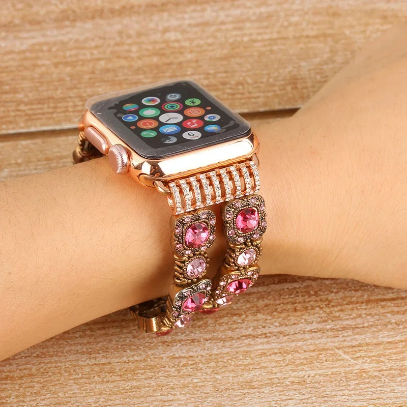 Retro Beaded Compatible for Apple Watchband 38 40 41 42 44 45mm Women's IWatch Series SE 9 8 7 6 5 4 3 2 1 Handmade Elastic Band