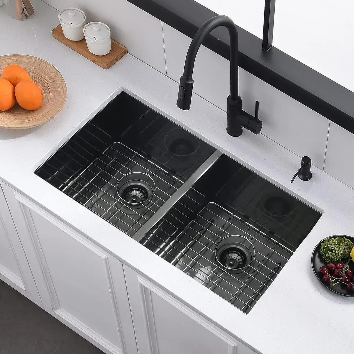 Black Stainless Steel Undercounter Double Sink 30x20x10 Nano Stainless Steel Kitchen Sink with Accessories