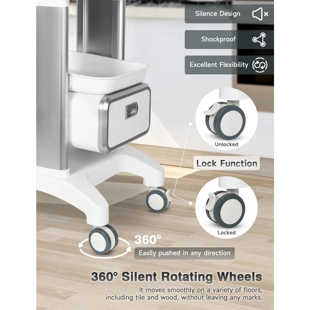 عربة طبية عربة الموجات فوق الصوتية المتنقلة 135 رطل تحميل عربة تخزين محمولة احترافية مع 4 صينية عجلات صامتة للمستشفى