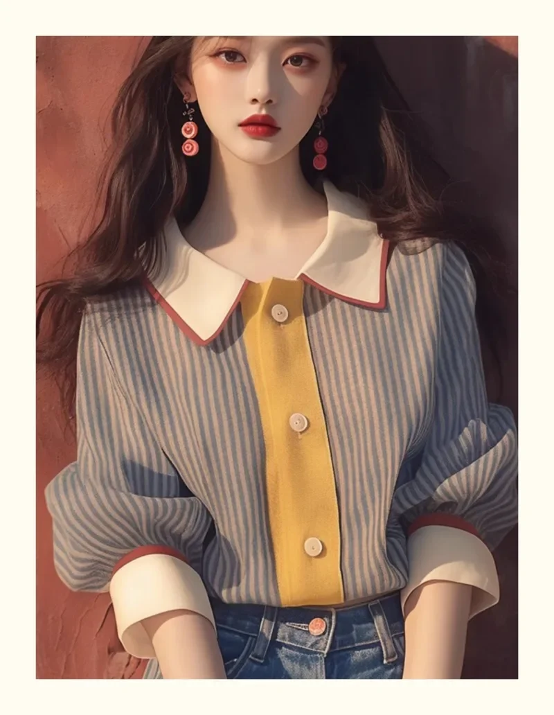 Chiffon Vintage Women's Shirt Summer New 2024 Stripe Korean Clothing Sales Loose Tops Short Sleeves Elegant Women Blouses