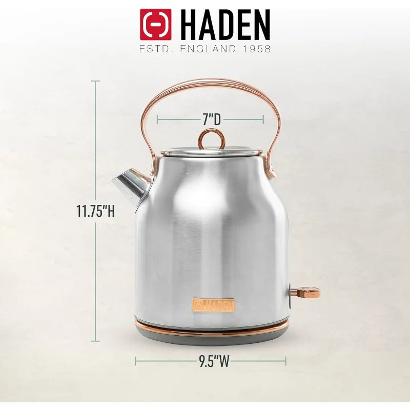 غلاية كهربائية من الفولاذ المقاوم للصدأ سعة 1.7 لتر من Haden Heritage، غلاية ماء ساخن مع قاعدة 360 درجة وإيقاف تلقائي، فولاذ ونحاس