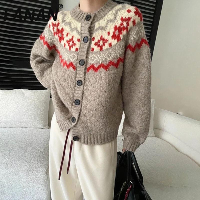 

FANAN модный шерстяной вязаный свитер контрастного цвета с принтом для женщин, однобортный однобортный офисный женский свободный свитер с круглым вырезом, новинка зимы