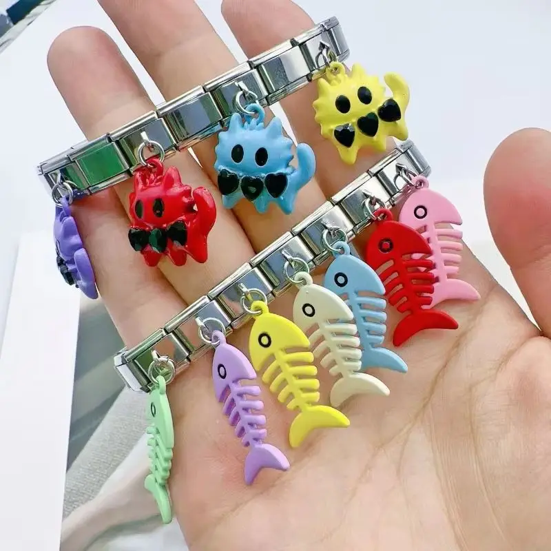 

2025 Wholesale Women Fashion Cute Cats and Fishes Italian Charm Fit 9mm Stainless Steel Bracelet Drop Shipping Gift Jewelry