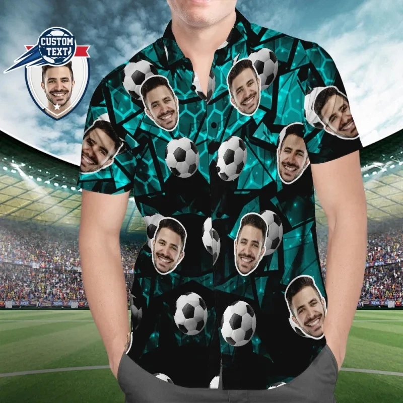 Custom Face Soccer Pattern Hawaiian Shirts For Men Full Print Green Plants Beach Shirt For Soccer Lovers Mens Oversized Tshirt