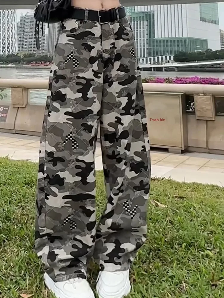 

American Retro Camouflage High Waist Straight Leg Denim Pants Women's 2025 New Loose Drapey Wide Leg Pants Spicy Girl Casual ...