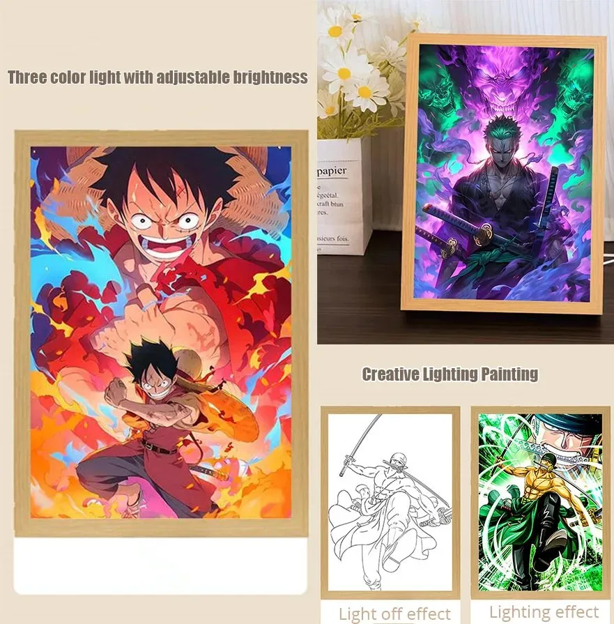 Zoro Luffy Light Painting Photo Anime Figure One Piece  Frame Led Night Light Wall table Bedroom Decor Birthday Gifts