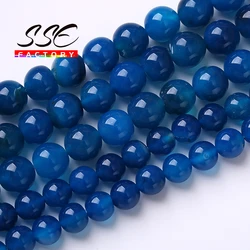 Natural Stone Beads Blue Agates Gemstone Round Loose Beads For Jewelry Making DIY Bracelets Necklaces Handmade 4 6 8 10 12mm 15
