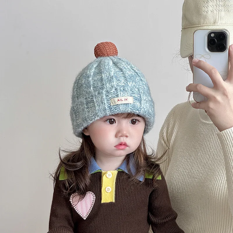 

1 Piece Kids Winter Knit Hat Color Block Design Thermal Windproof Acrylic Yarn Beanie for Babies Cute Little Cold Weather Cap