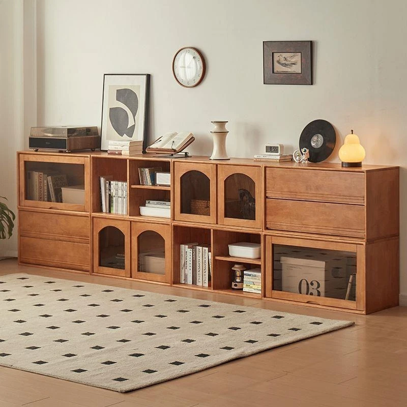 

Cherry wood color module cabinet living room lattice TV cabinet stainless steel