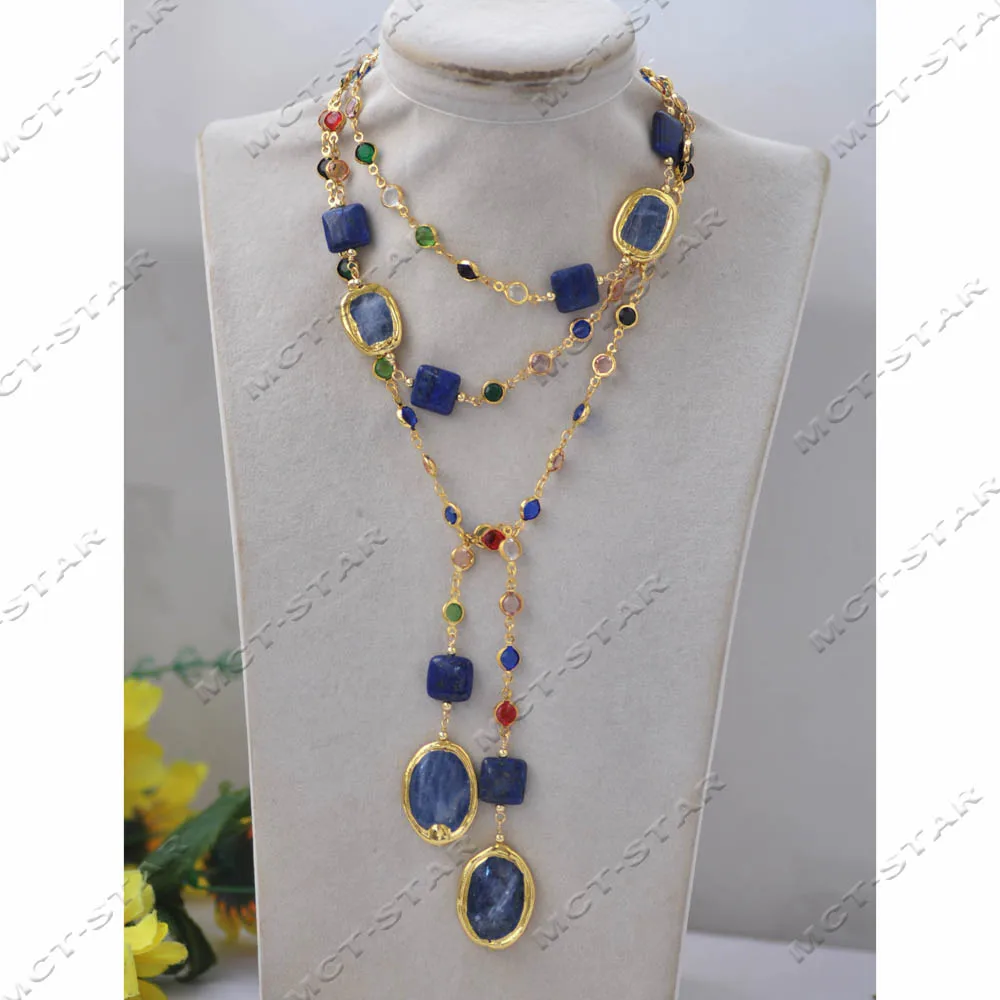 MTC·STAR 50'' 28mm Square Oval Coin Blue Crystal Lapis lazuli Multicolor Clean CZ Golden Chain Necklace (Z14163)