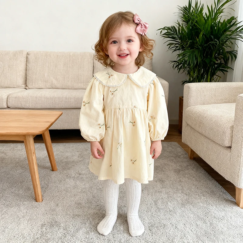 2026 New Spring European American Style Baby Girl Party Dress Long Sleeved Cotton Dress 2-6Yrs Flower Print Kids Princess Dresse