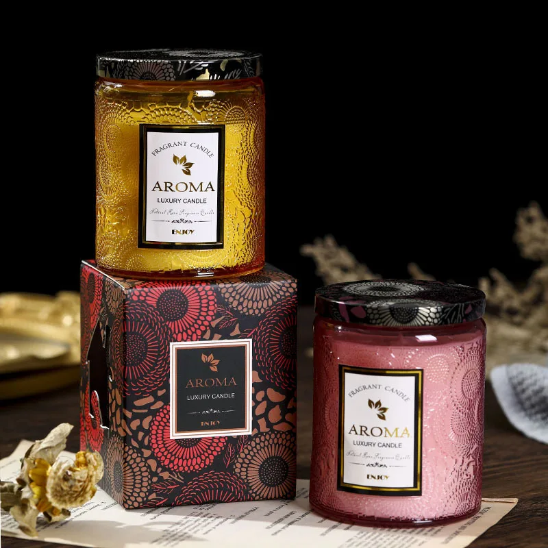 1PC Scented Candle Creative Embossed Glass Cup Smokeless Handmade Soy Wax Jar Candle Fragrance Gift Candle