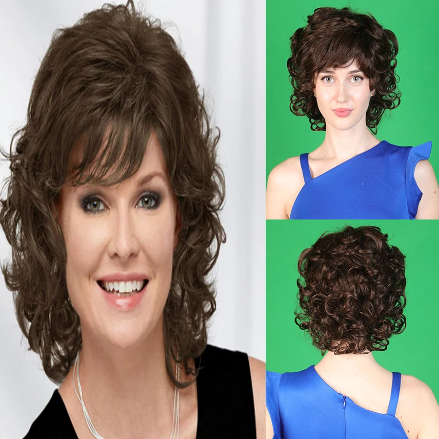 HAIRJOY Mulheres Perucas De Cabelo Sintético Curto Encaracolado com Bangs Ombro Comprimento Castanho Loiro Cinzento Branco Peruca