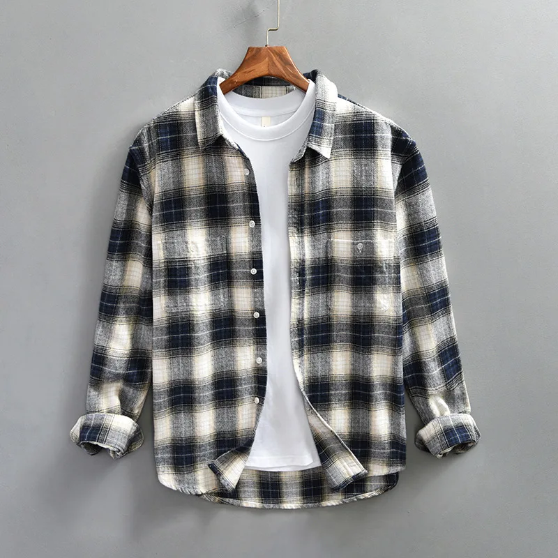 

Retro Plaid Cotton Men Shirts Spring Autumn Long Sleeve Loose Blouse for Youth College Male Handsome Cool Tops Tees T-shirts