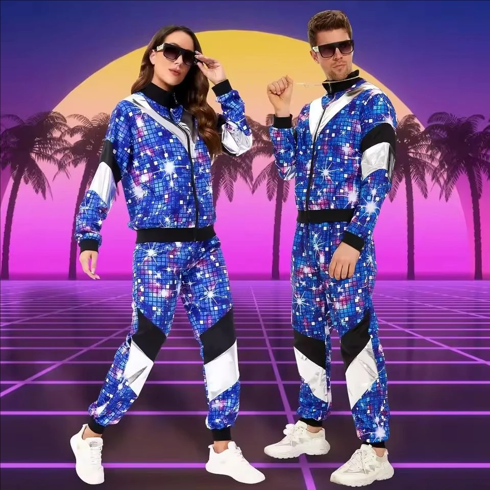 Disfraz de los años 80 y 90 para hombre y mujer, accesorios de fiesta, chaqueta disco, pantalones, conjunto deportivo para carnaval
