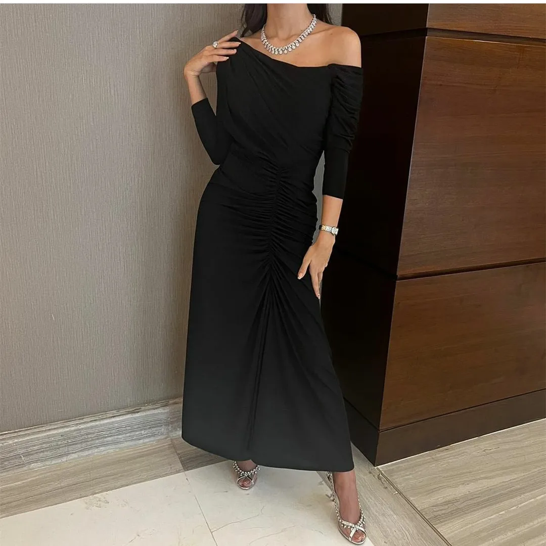 Vestidos de noite preto com pescoço curto feminino, comprimento do tornozelo, vestido de baile plissado, bainha, elegante