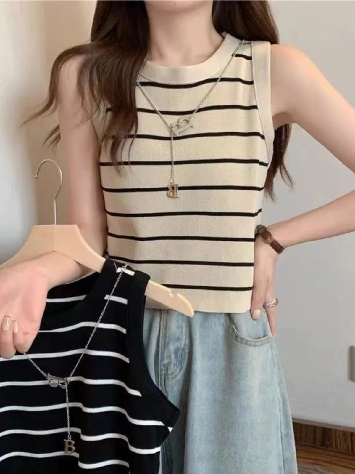 Chique mat irt en riemvestset Dameskleding Koreaanse Sle Loose Fit Lange Sve-kraag Gestreept patroon