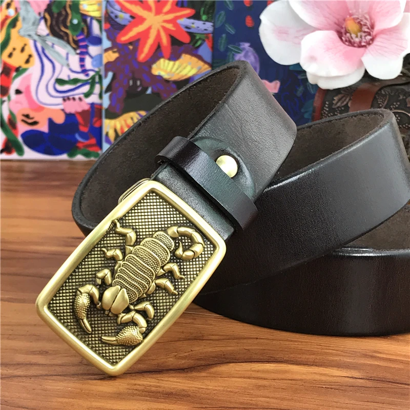 W stylu Vintage mosiądzu klamry pasa pasek z prawdziwej skóry mężczyzna Ceinture żółty pas Cowboy Jeans mężczyzn "pas długi 130CM pasek spodni MBT0006 — zdjęcie 3