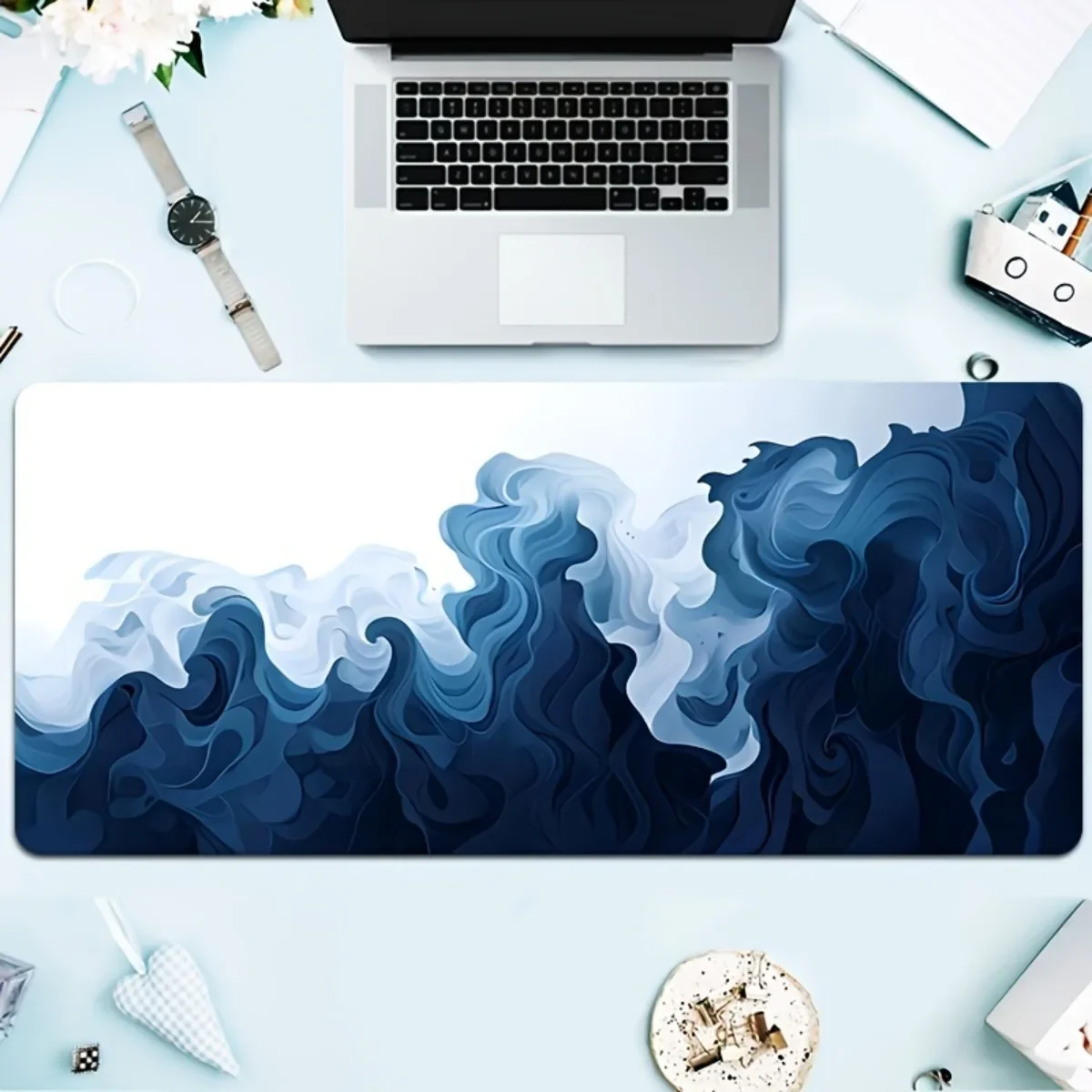 HD Print Abstract Blue White Rubber Mouse Pad Non-Slip for Keyboard Office Gaming Desk