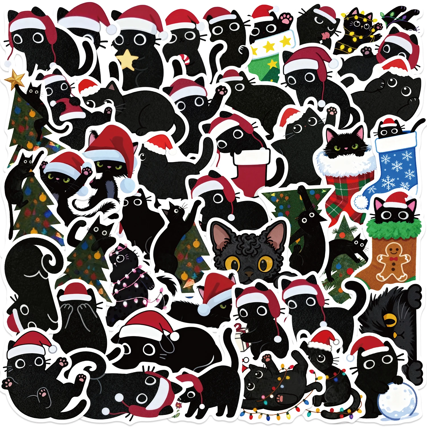 50 Stück Cartoon Weihnachts-Schwarze-Katzen-Aufkleber-Set DIY Broschüren-Dekorative Tablet-Laptop-Spielzeug-Sticker