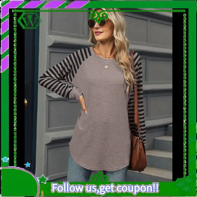 

A18P-Women's Stripe Tunic Tops Casual Long Sleeve Shirts Round Neck Pullover