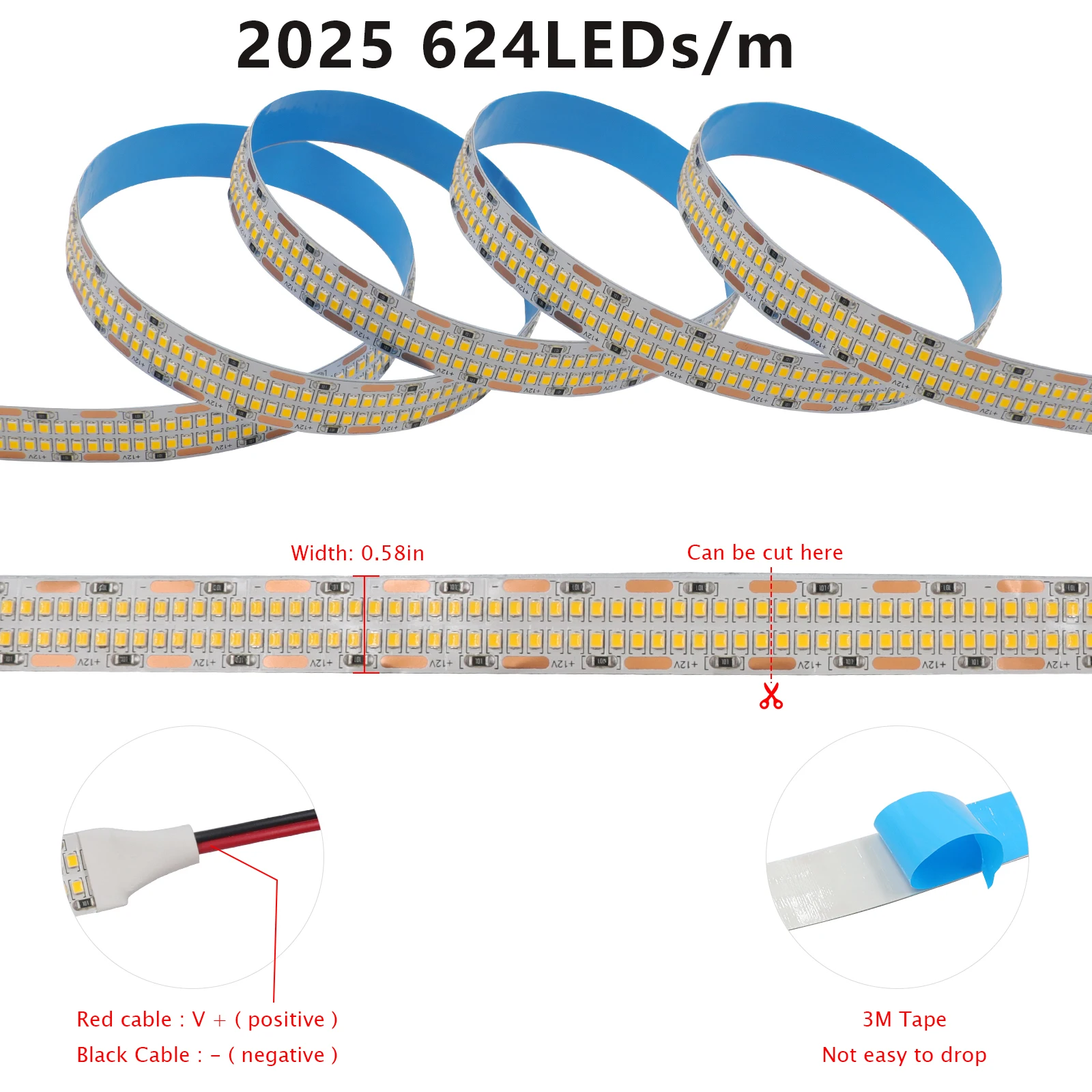 5M 1200LEDs LED Strip 12V High Brightness 624/480LEDs/m Double Row Flexible LED Tape Ribbon SMD 2835 2025 Waterproof White Light