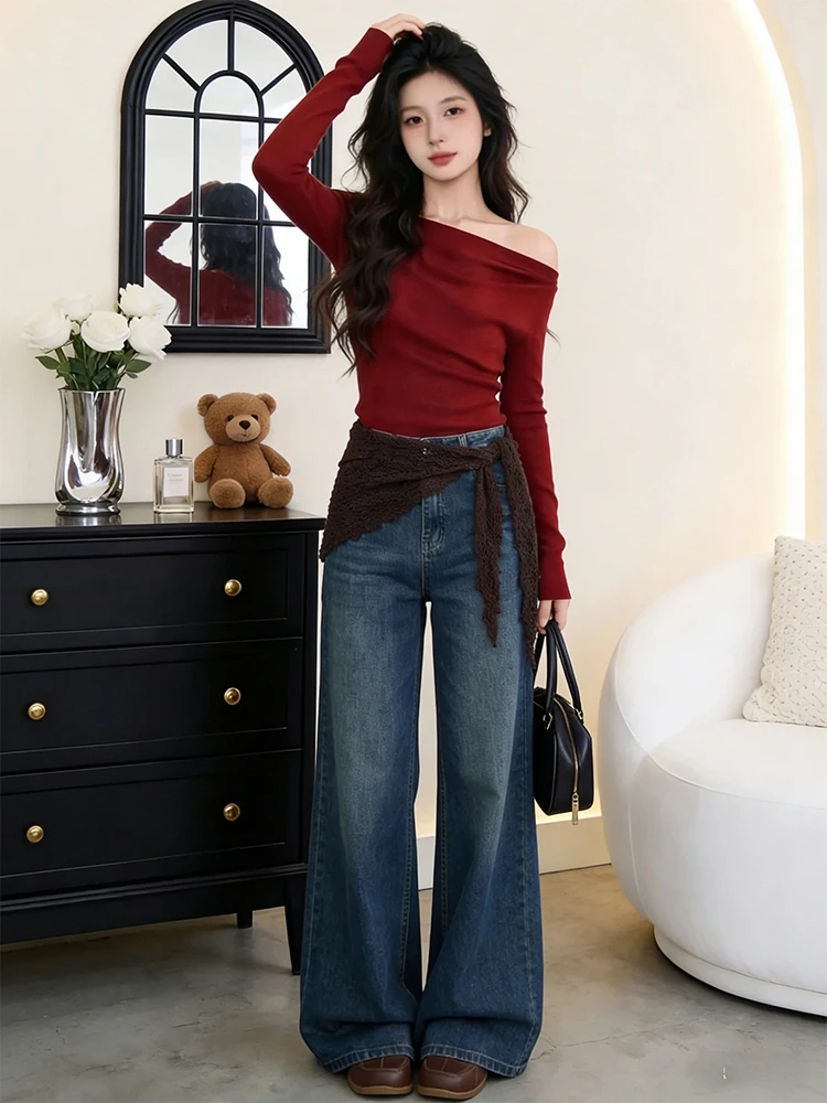 

Женские джинсы с высокой талией, драпированные, широкие, синие, из денима, весенние, повседневные, укороченные, с эффектом похудения, в пол, с бахромой