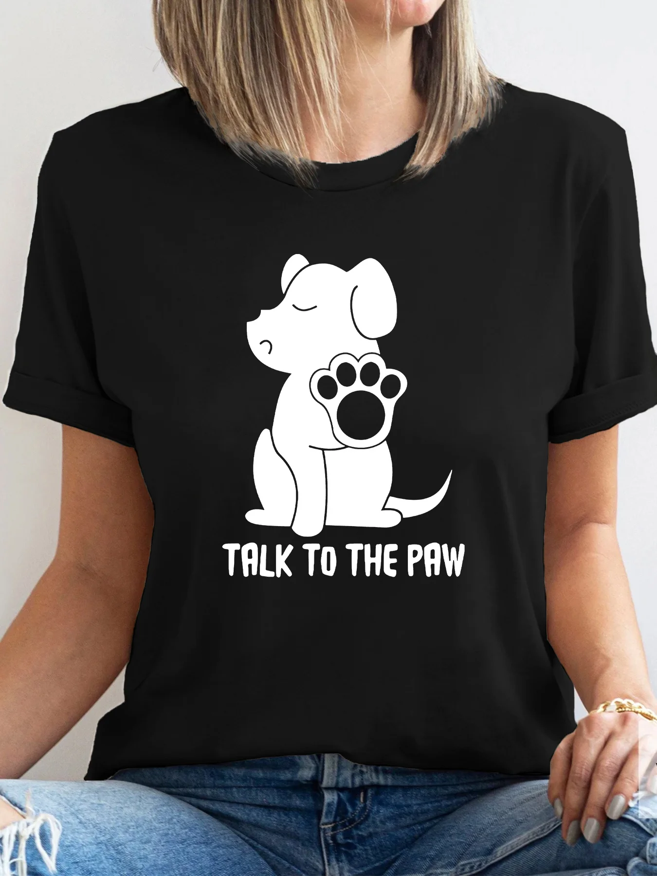 Casual Crew Neck T-Shirt Short Sleeve Regular Fit with Dog and "Talk To The Paw" Graphic Print for Plus Size New Woman Clothing