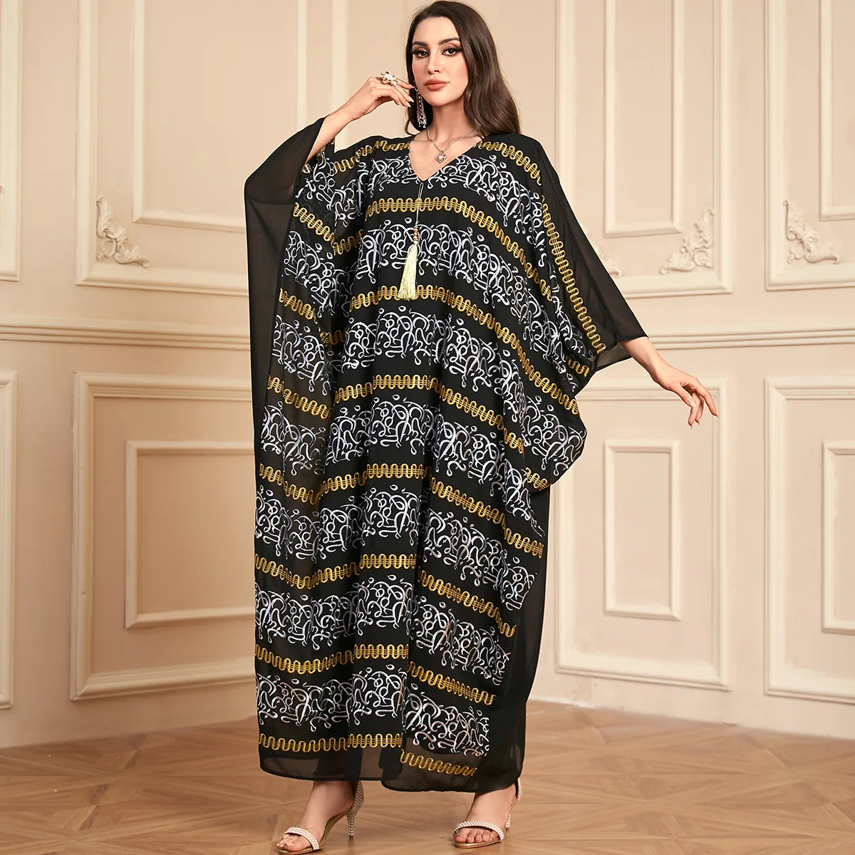 Robe musulmane brodée à pampilles pour femmes, Abayas du Ramadan, Djellaba de l'Aïd, Manches chauve-souris, Kaftan de Turquie, Robe arabe, Caftan marocain