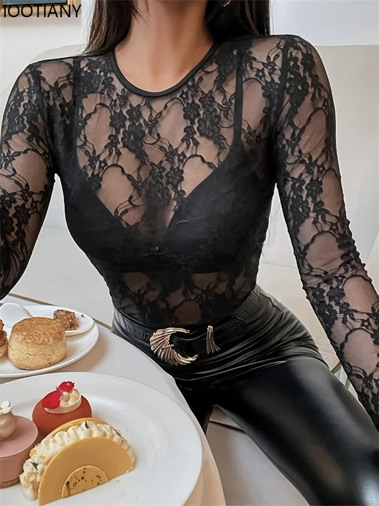 

Women's Fashion Mesh Lace Flower T-shirt Long Sleeve Round Neck See-through Slim Bottoming Shirt Top Spring Summer Autumn Shirt