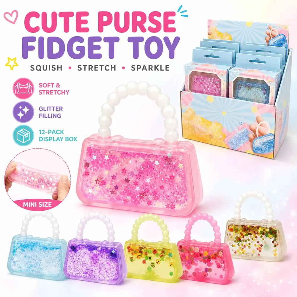 Mini Squishy Toy Purse Fidget Toy Glitter Filling Transparent Jelly Sensory Fidget Toy Soft Stretchable Purse Shape