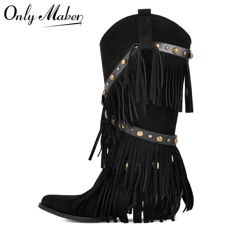 

Onlymaker Women Black Pointed Toe Fringe Pull-on Knee High Boots Comfy Pull On Mid Calf Chunky Heel Western Boots
