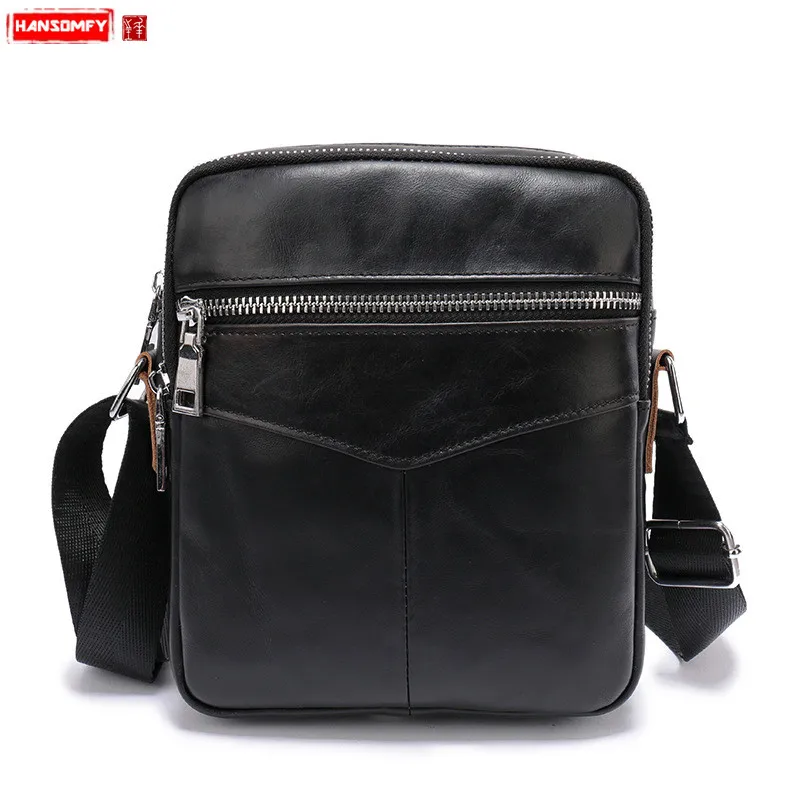 Men\'s Shoulder Bag Male Double Zipper Small Crossbody Messenger Bags Casual New Versatile Black Handbags Top Layer Leather Soft