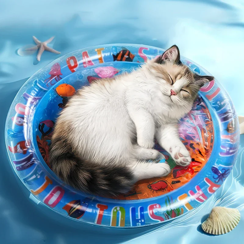 Cojín de agua inflable para mascotas, colchoneta de dibujos animados para dormir, cama de agua engrosada, juguete divertido para gatear para bebés, almohadilla refrescante para el océano