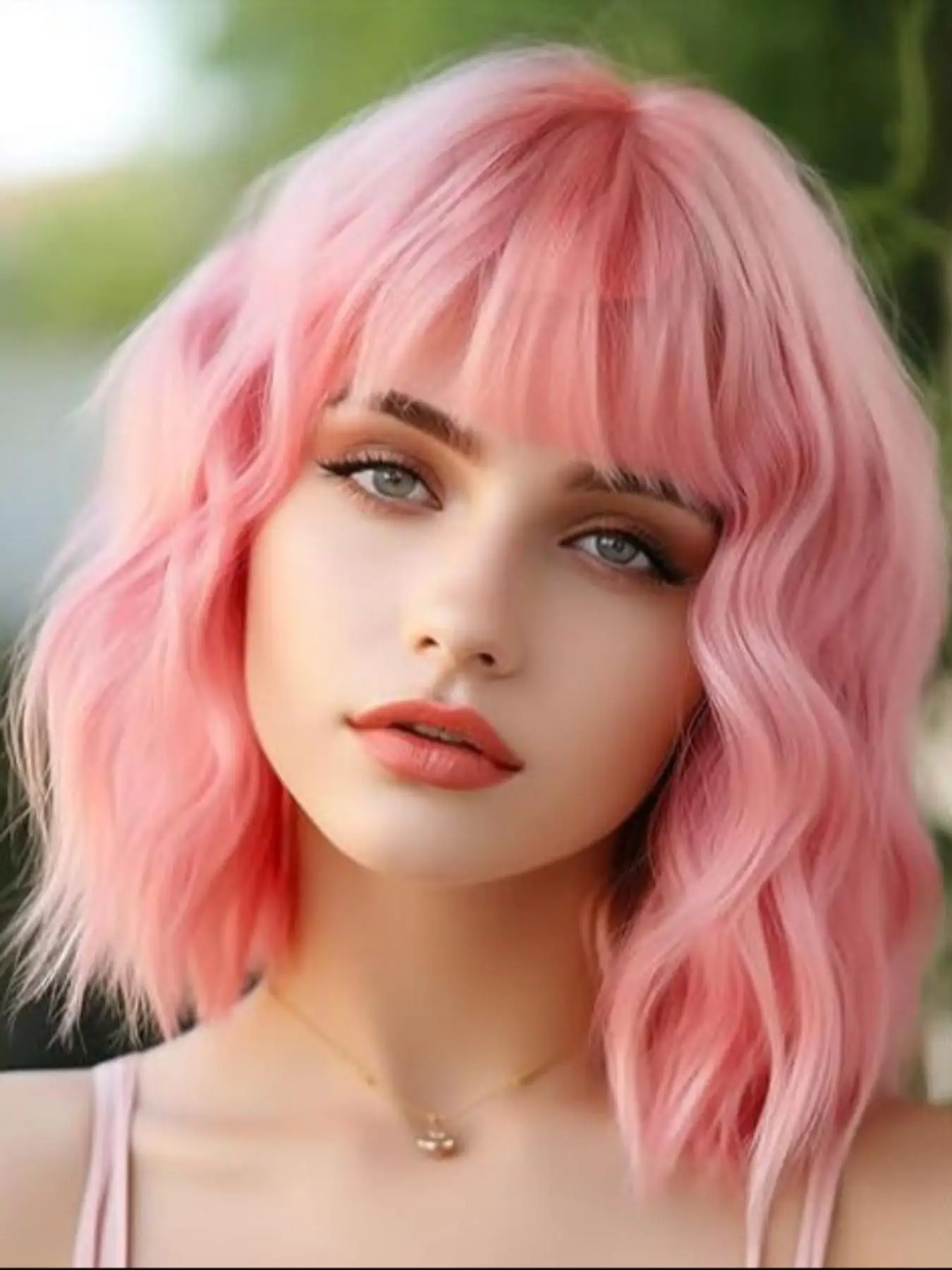 

Pink Halloween Costume Wigs Synthetic Hair Short Straight Bob Wig with Bangs for Women Cosplay Party Use High Temperature Fiber