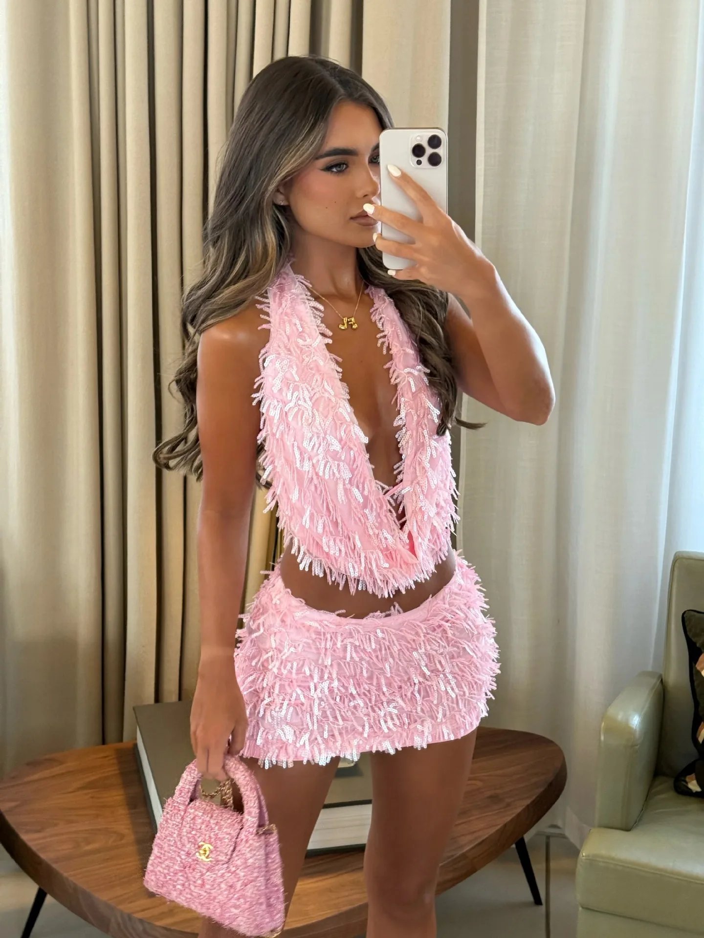Sexy Sequin Tassels Skirts Suits Women Halter Backless Sleeveless Tops Solid Mini Skirts 2025 Summer Beach Holiday Outfits Lady
